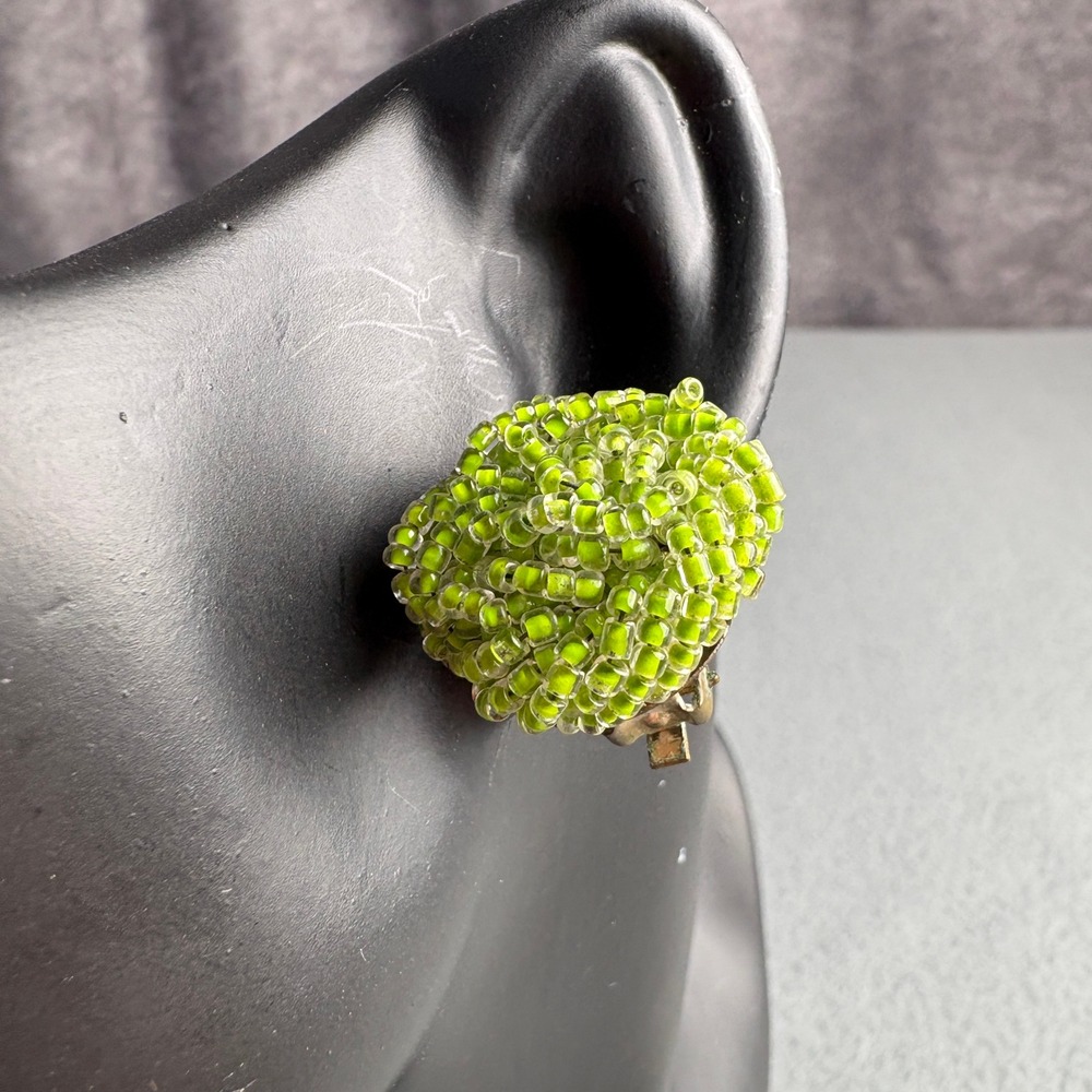 Vintage Japan Lime Green Beaded Cluster Clip On Earrings Mid Century Modern